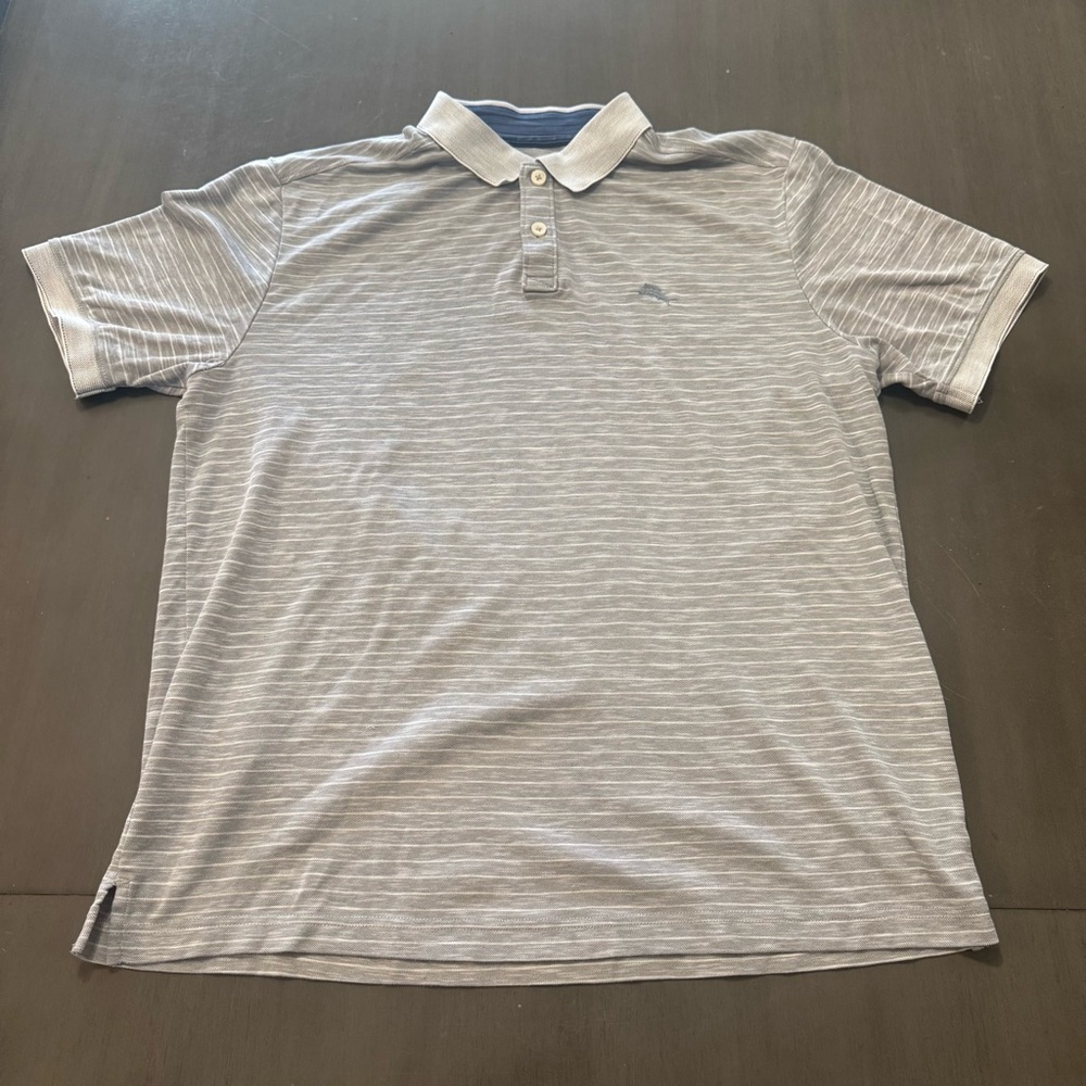 Tommy Bahama Polo Shirt Men’s L Gray Striped Marlin Logo Short Sleeve - Picture 1 of 5
